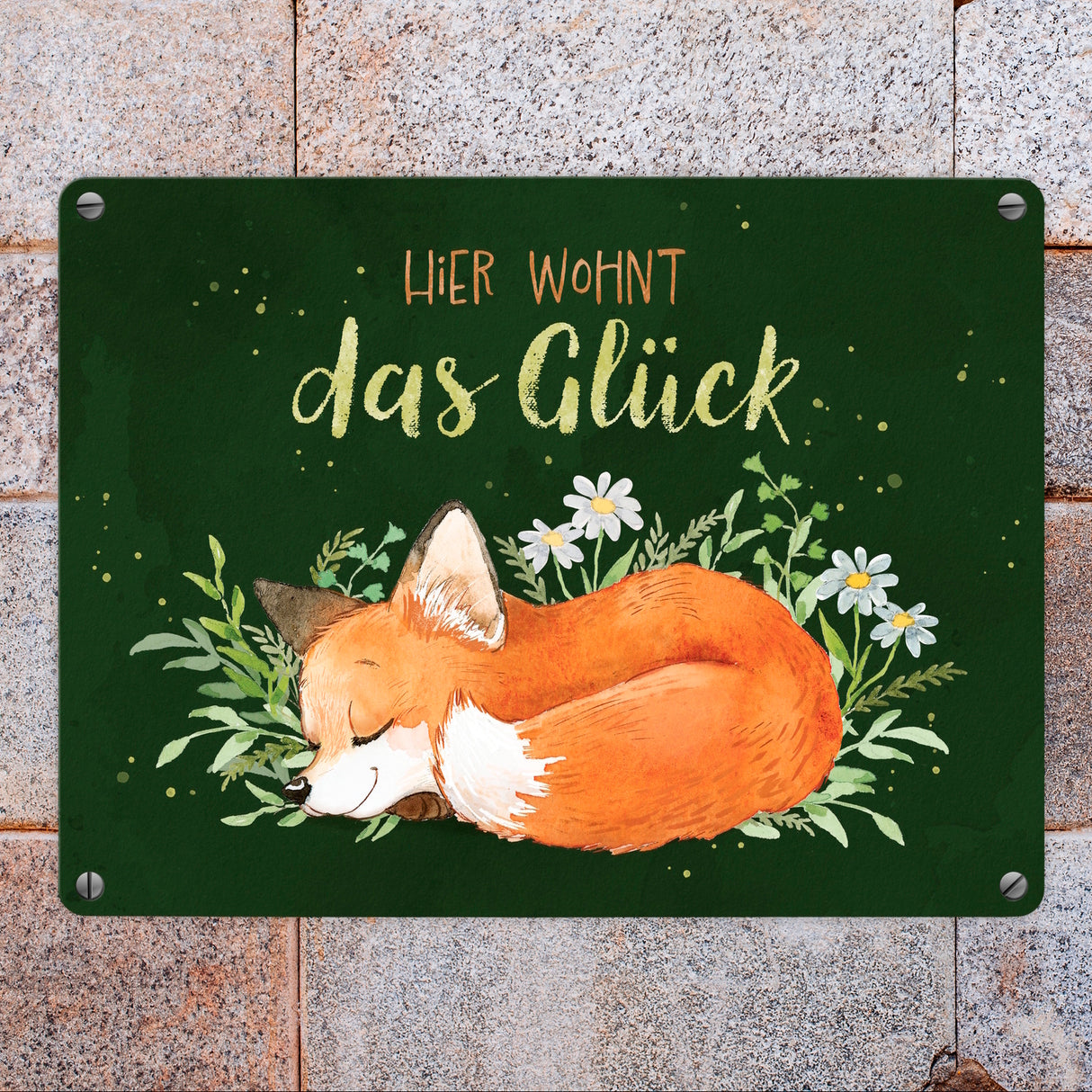 Fuchs Metallschild in 15x20 cm mit Spruch Hier wohnt das Glück