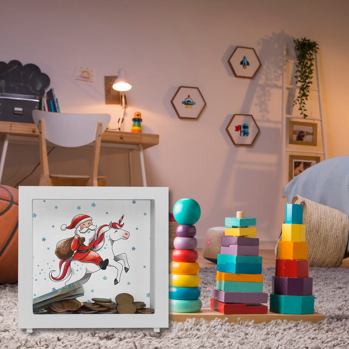 Weihnachtsmann auf Einhorn Spardose