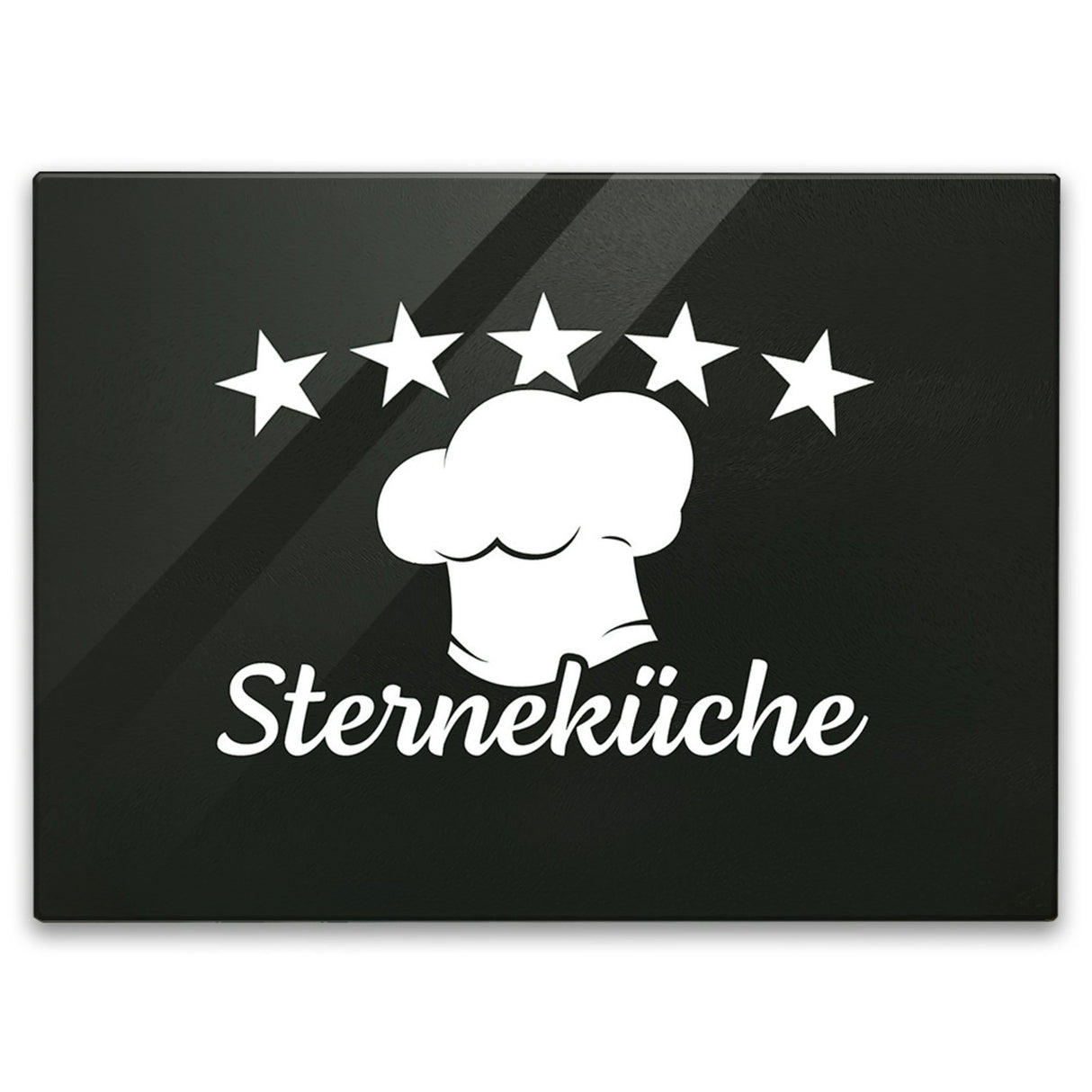 Sterneküche Schneidebrett aus Glas mit Kochmütze und Sternen