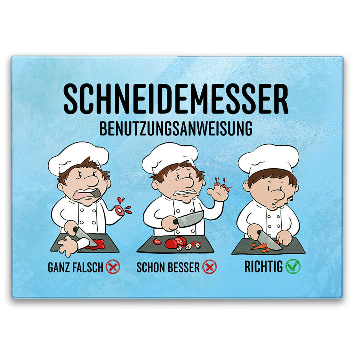 Benutzeranweisung Schneidebrett aus Glas mit humorvoller Illustration