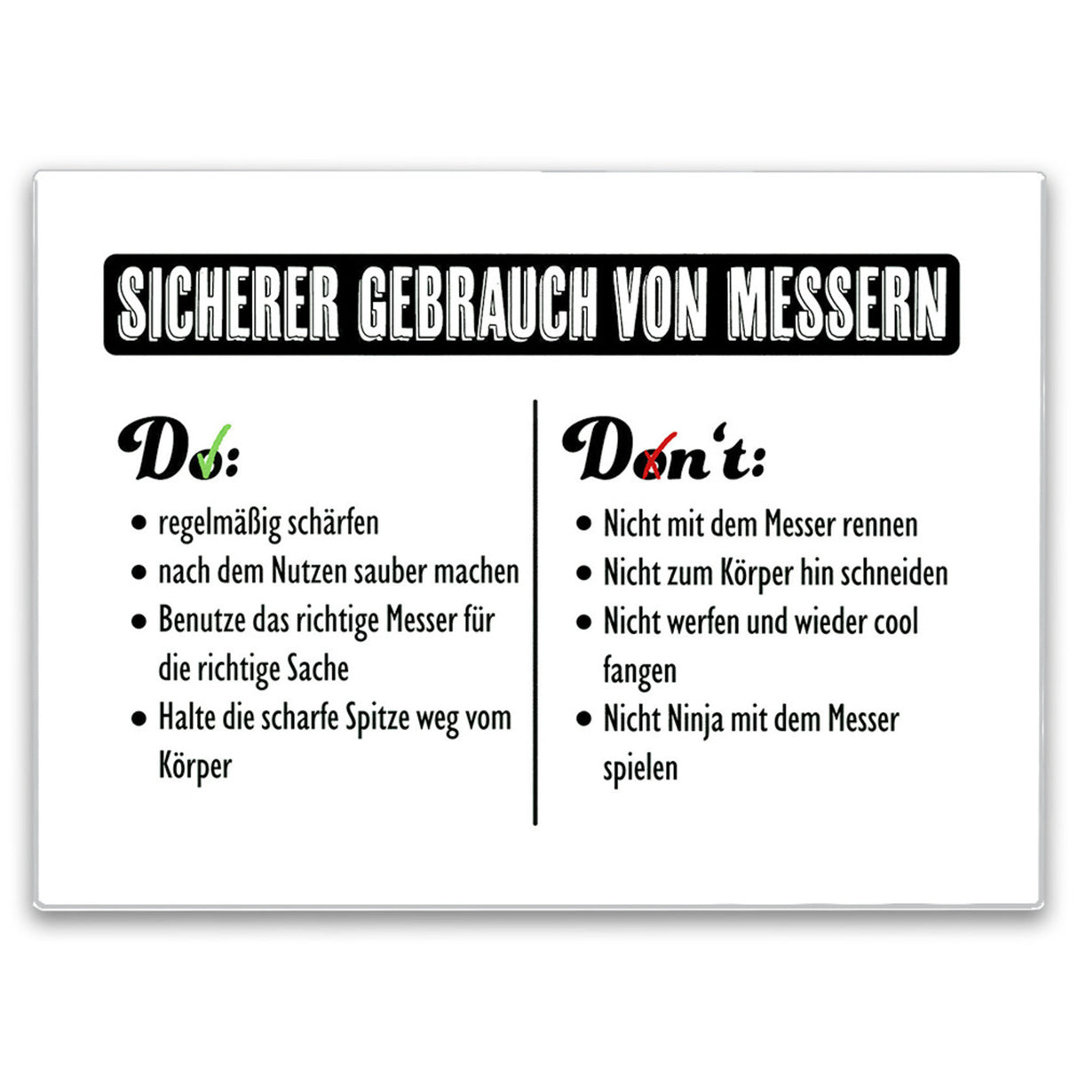 Messergebrauch Schneidebrett aus Glas mit Do's und Don'ts beim Benutzen von Messern