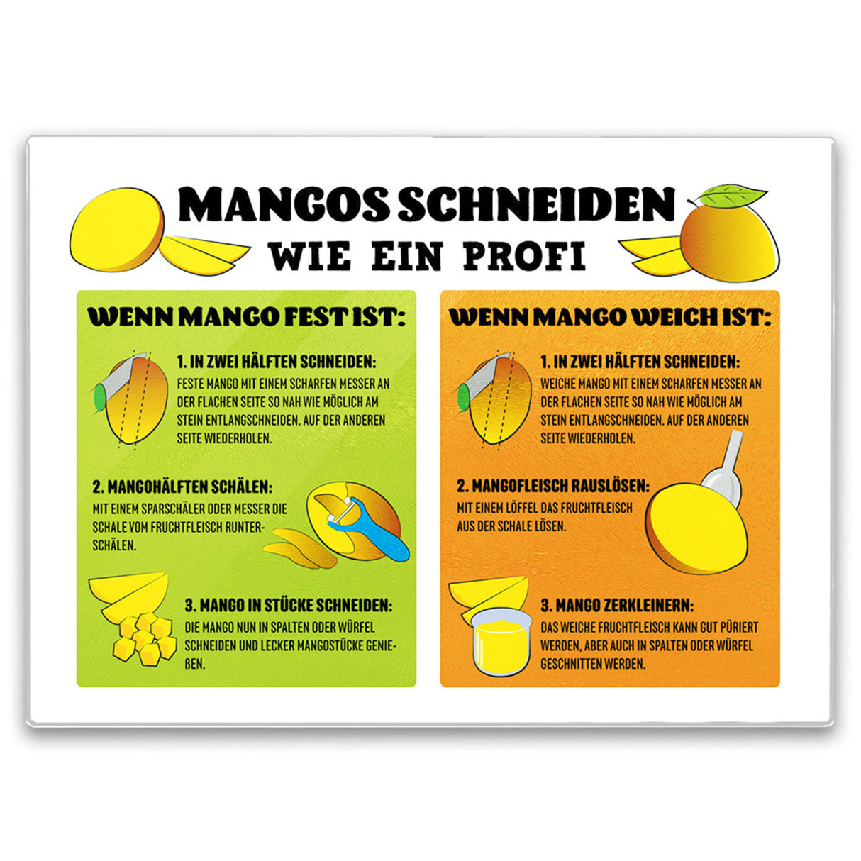 Mango Schneiden Zubereitung Schneidebrett aus Glas mit Anleitung