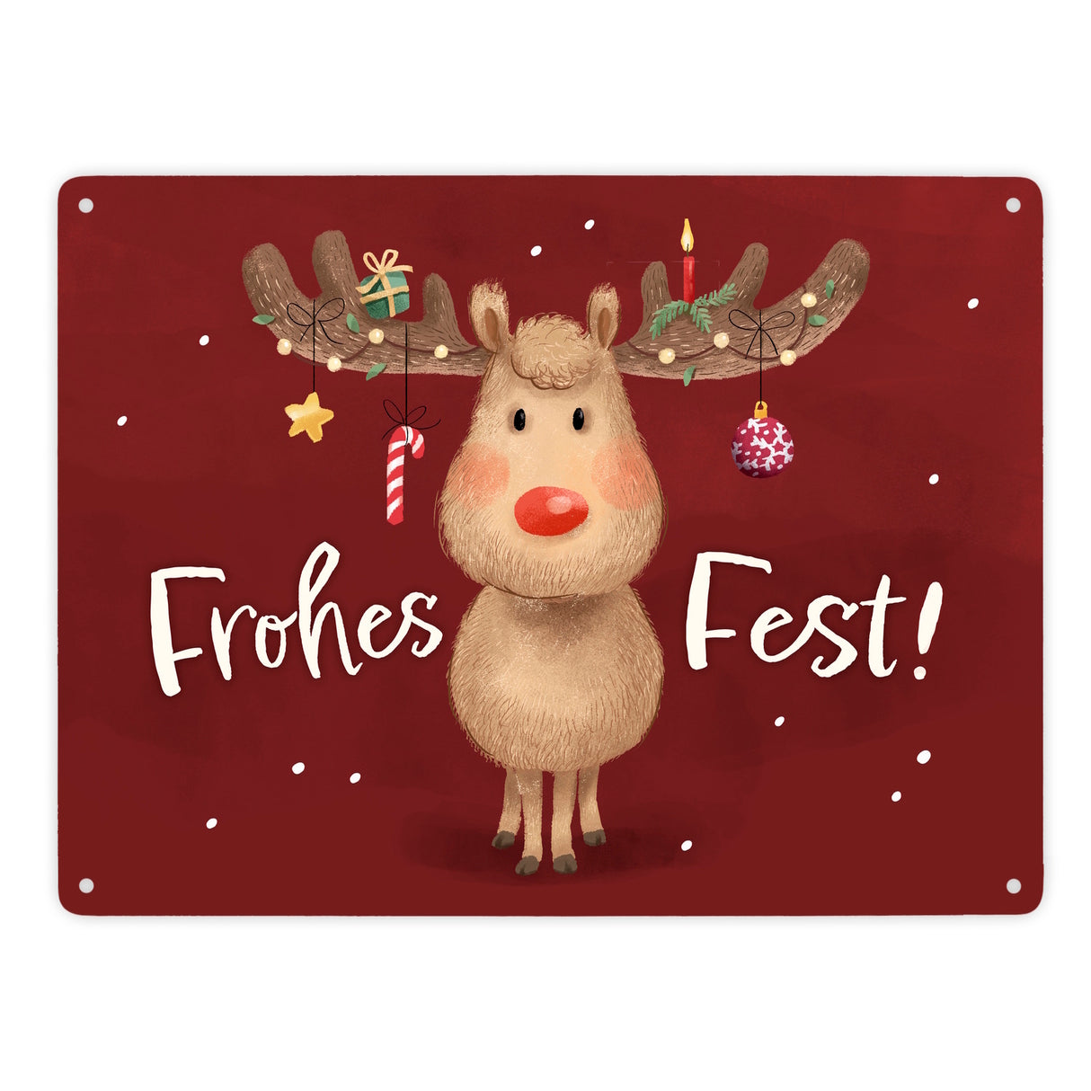 Rentier mit Weihnachtsschmuck Metallschild in 15x20 cm mit Spruch Frohes Fest