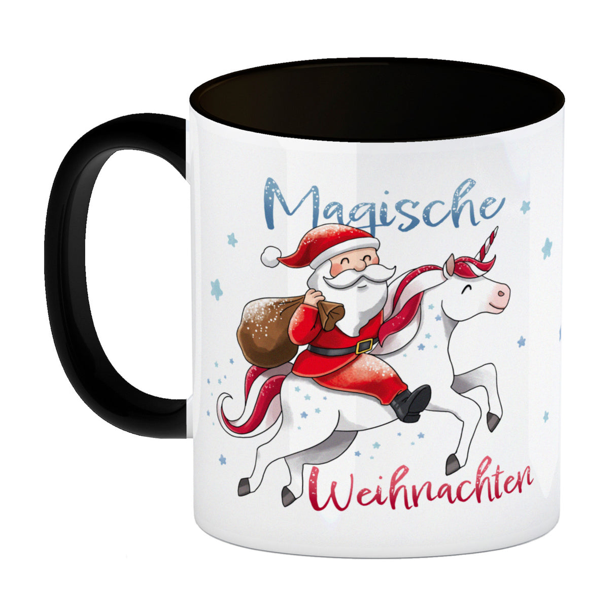 Weihnachtsmann auf Einhorn Kaffeebecher mit Spruch Magische Weihnachten