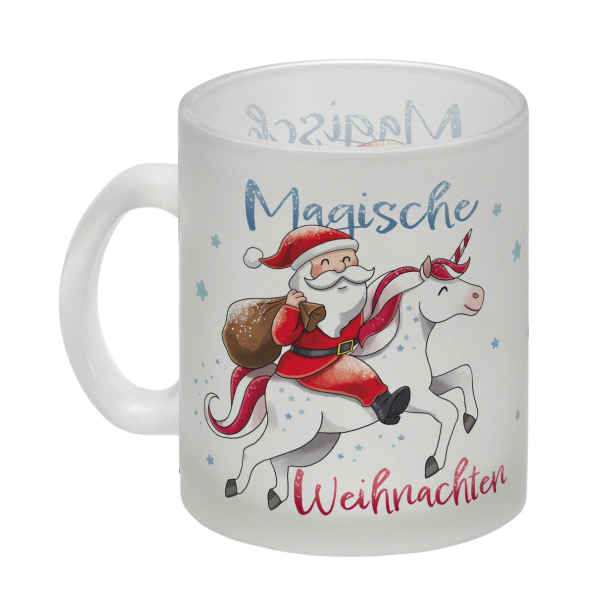 Weihnachtsmann auf Einhorn Kaffeebecher mit Spruch Magische Weihnachten