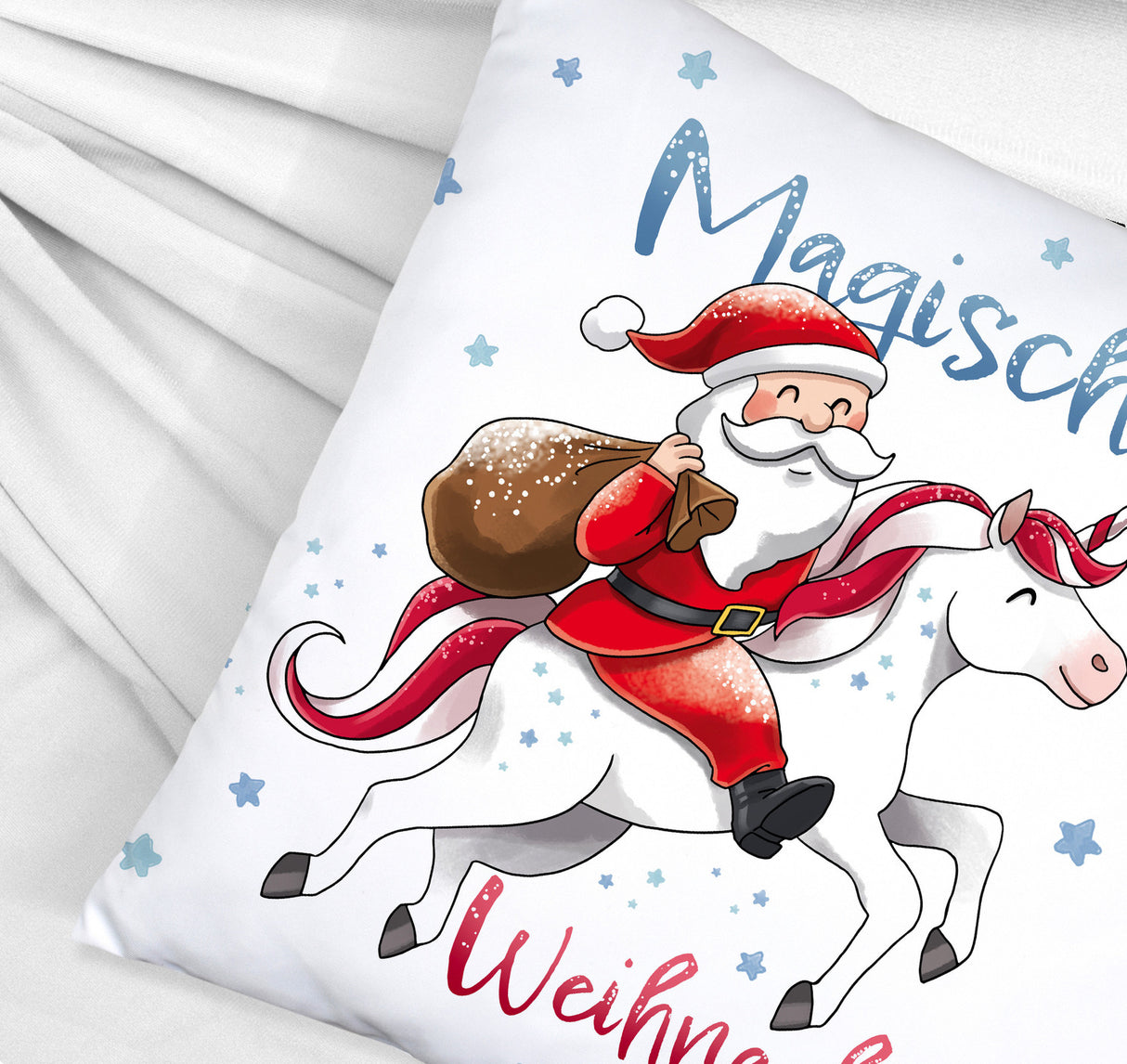 Weihnachtsmann auf Einhorn Kissen mit Spruch Magische Weihnachten