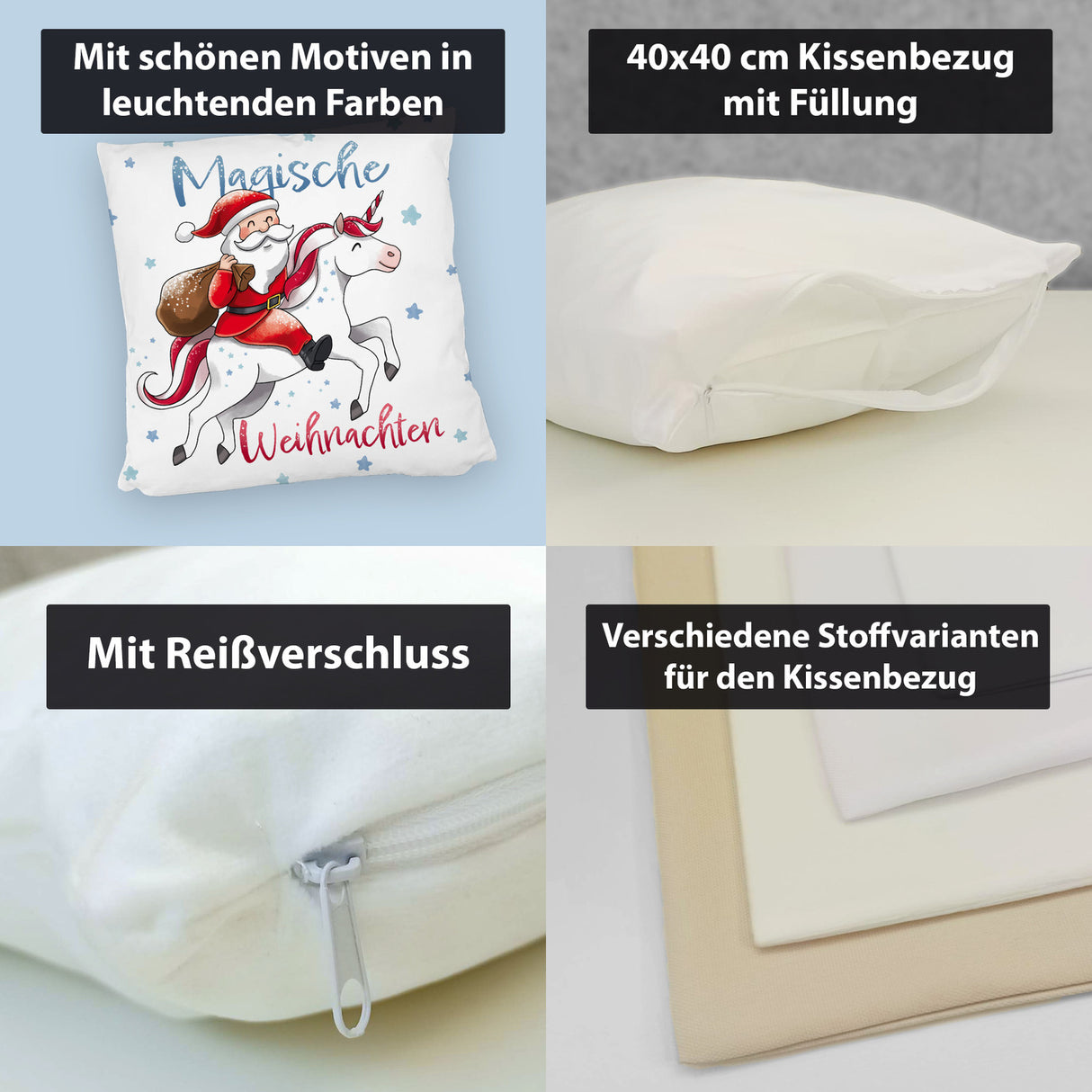 Weihnachtsmann auf Einhorn Kissen mit Spruch Magische Weihnachten