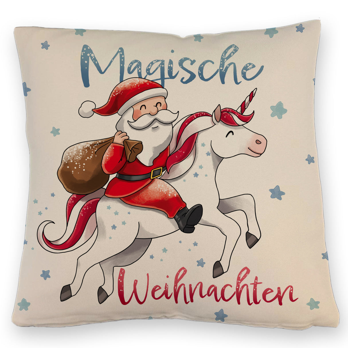Weihnachtsmann auf Einhorn Kissen mit Spruch Magische Weihnachten