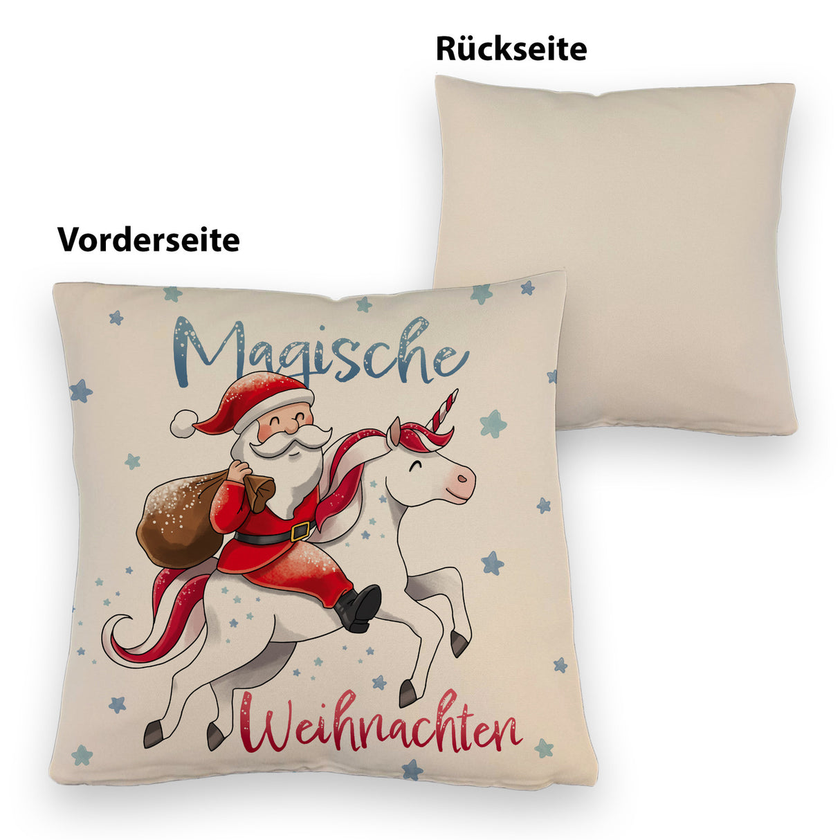 Weihnachtsmann auf Einhorn Kissen mit Spruch Magische Weihnachten