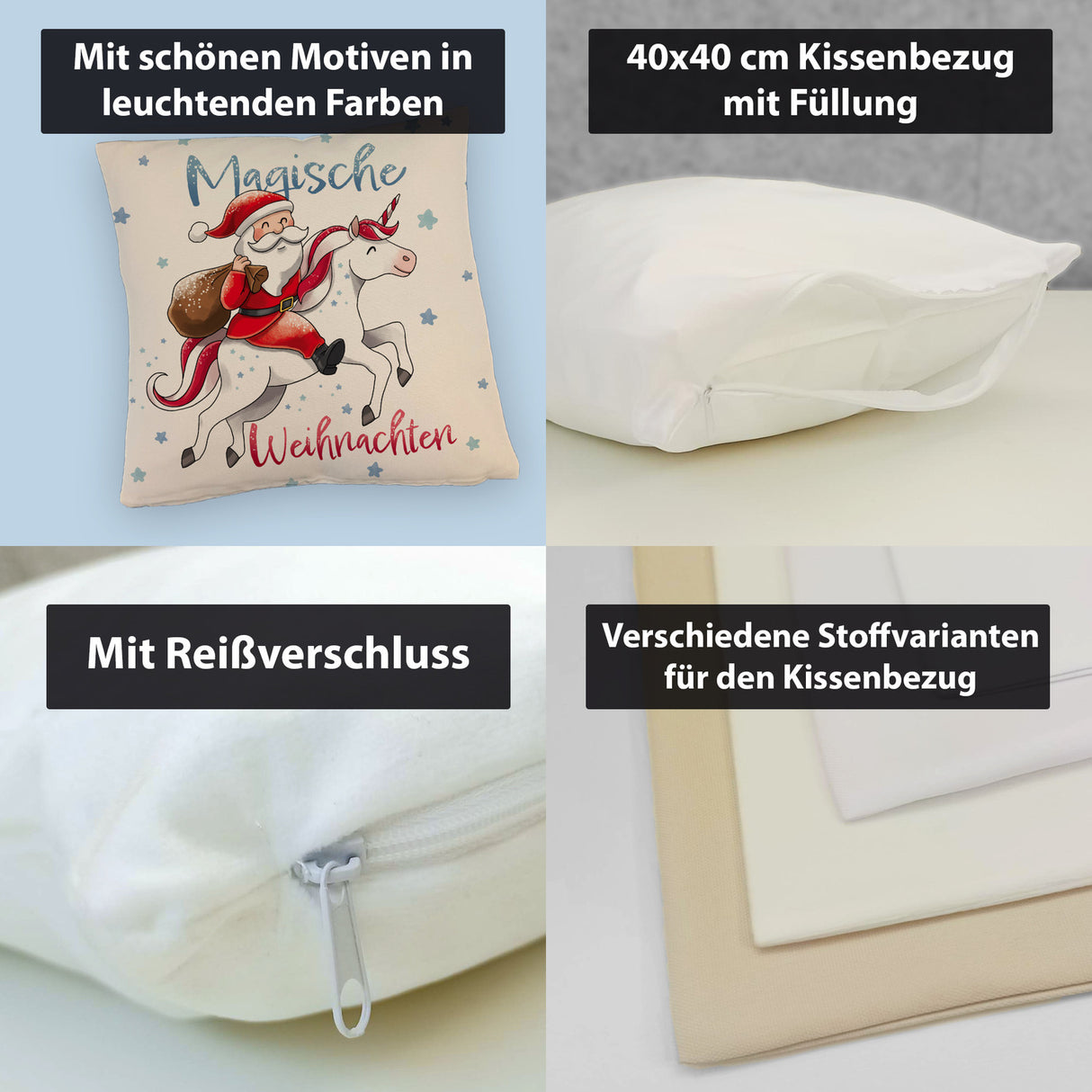 Weihnachtsmann auf Einhorn Kissen mit Spruch Magische Weihnachten