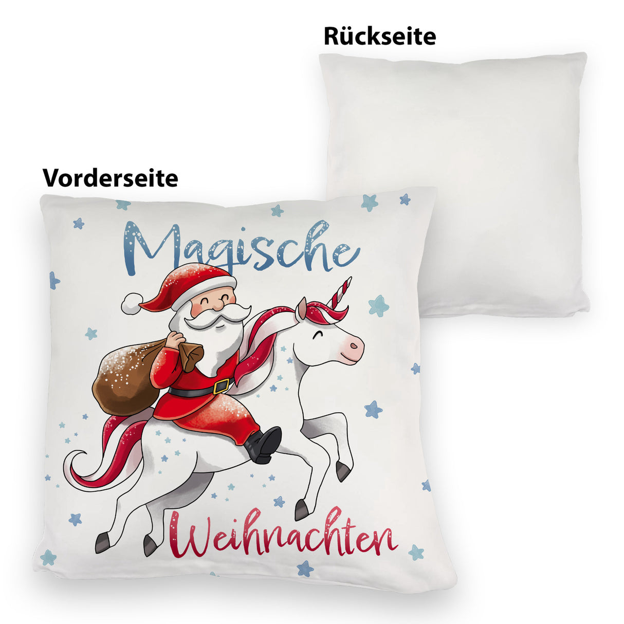Weihnachtsmann auf Einhorn Kissen mit Spruch Magische Weihnachten