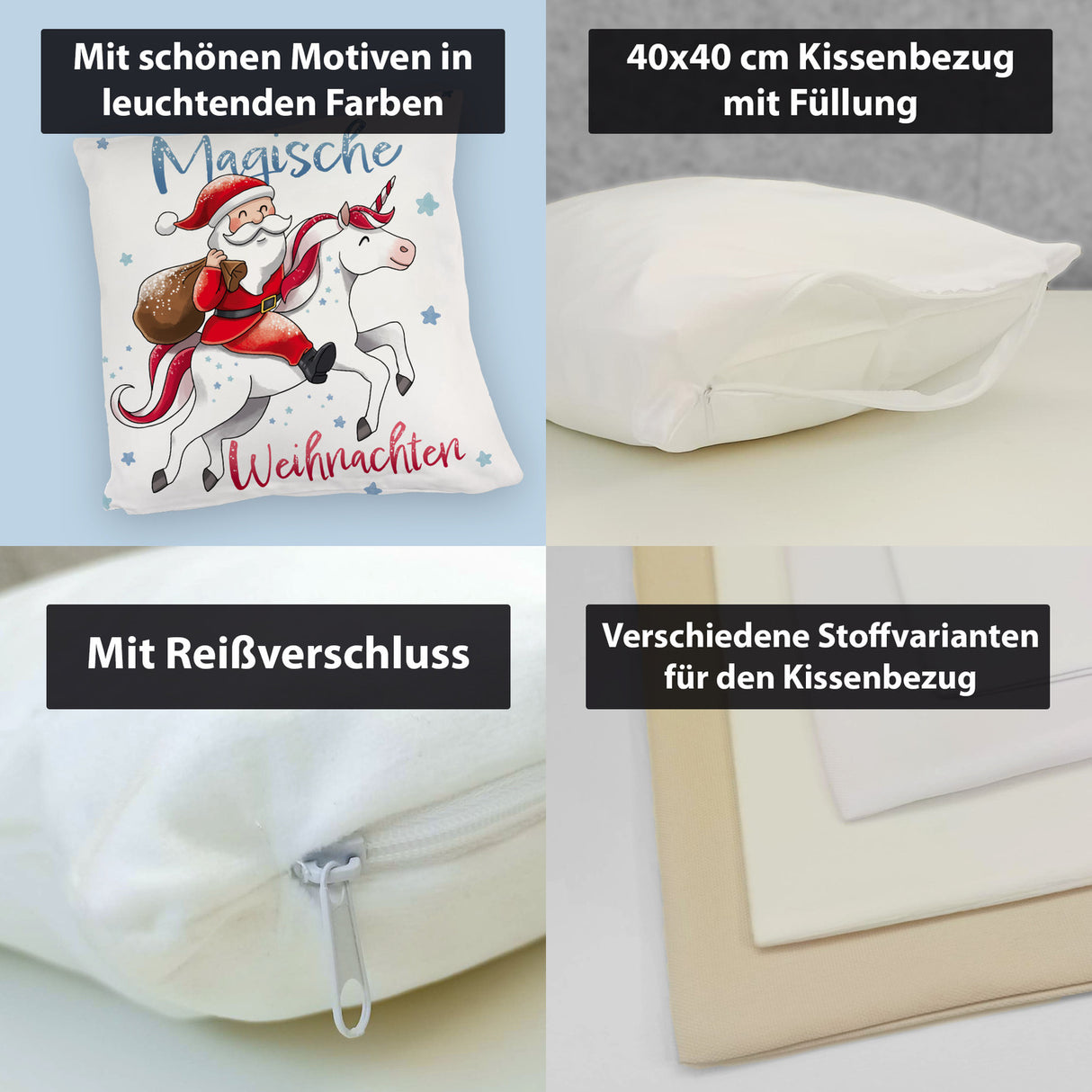 Weihnachtsmann auf Einhorn Kissen mit Spruch Magische Weihnachten