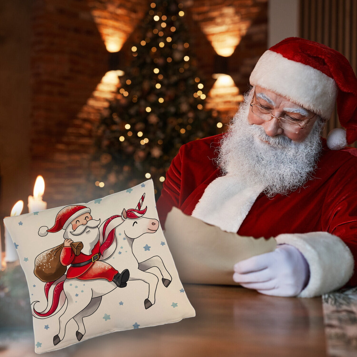Weihnachtsmann auf Einhorn Kissen