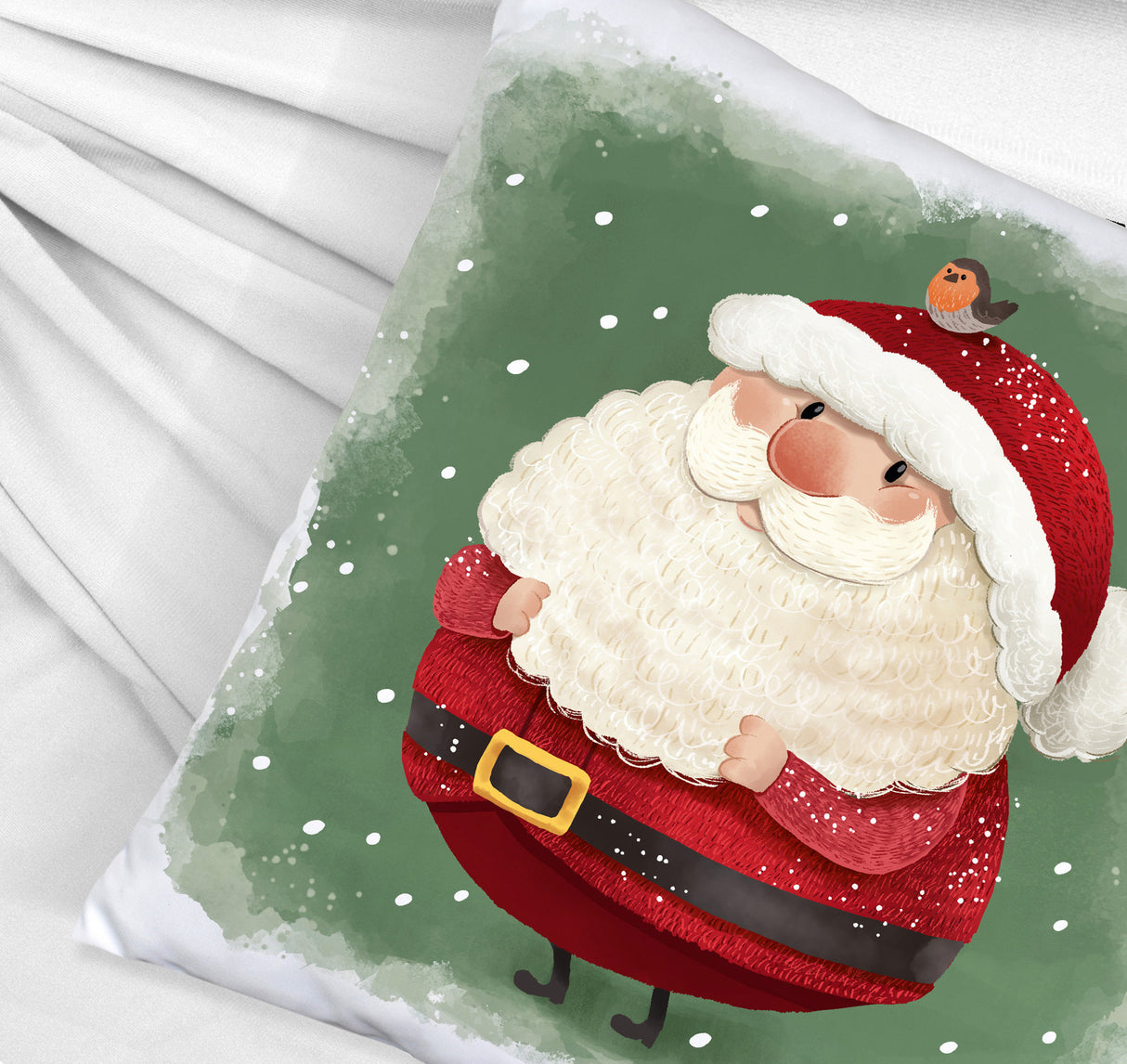 Weihnachtsmann und Rotkehlchen Kissen mit grünem Hintergrund
