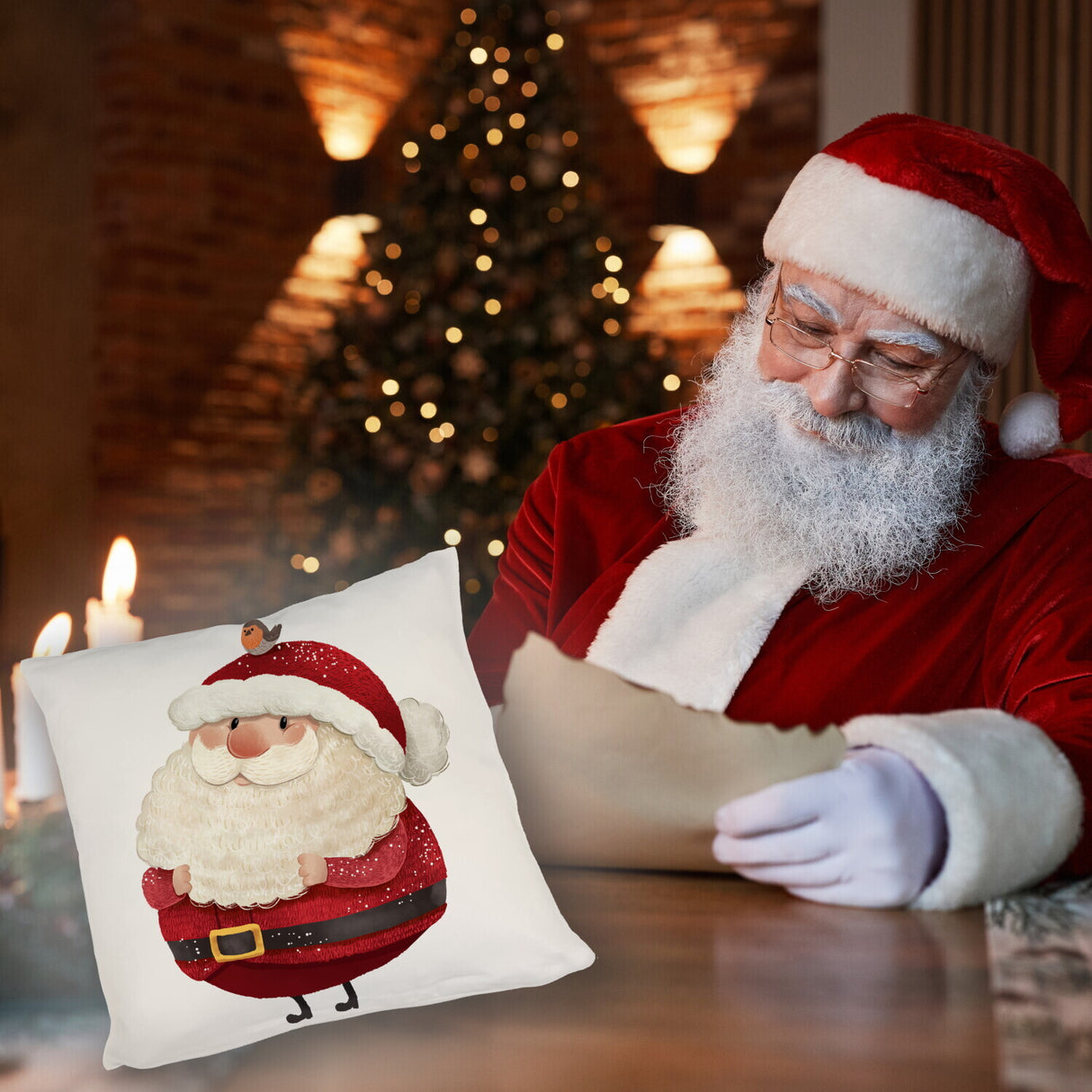 Weihnachtsmann und Rotkehlchen Kissen mit grünem Hintergrund