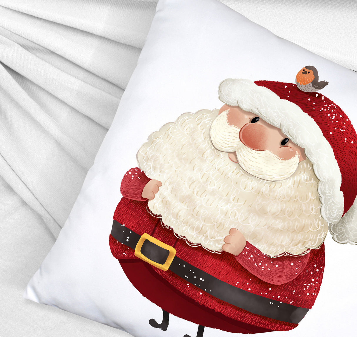 Weihnachtsmann und Rotkehlchen Kissen mit grünem Hintergrund