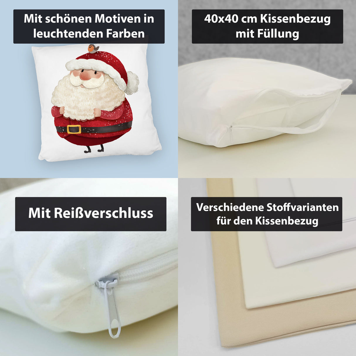 Weihnachtsmann und Rotkehlchen Kissen mit grünem Hintergrund
