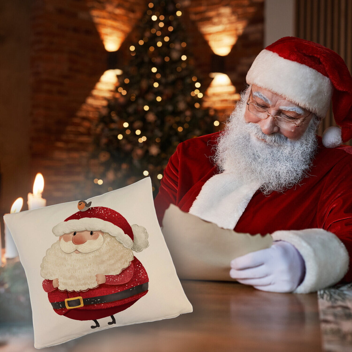 Weihnachtsmann und Rotkehlchen Kissen mit grünem Hintergrund