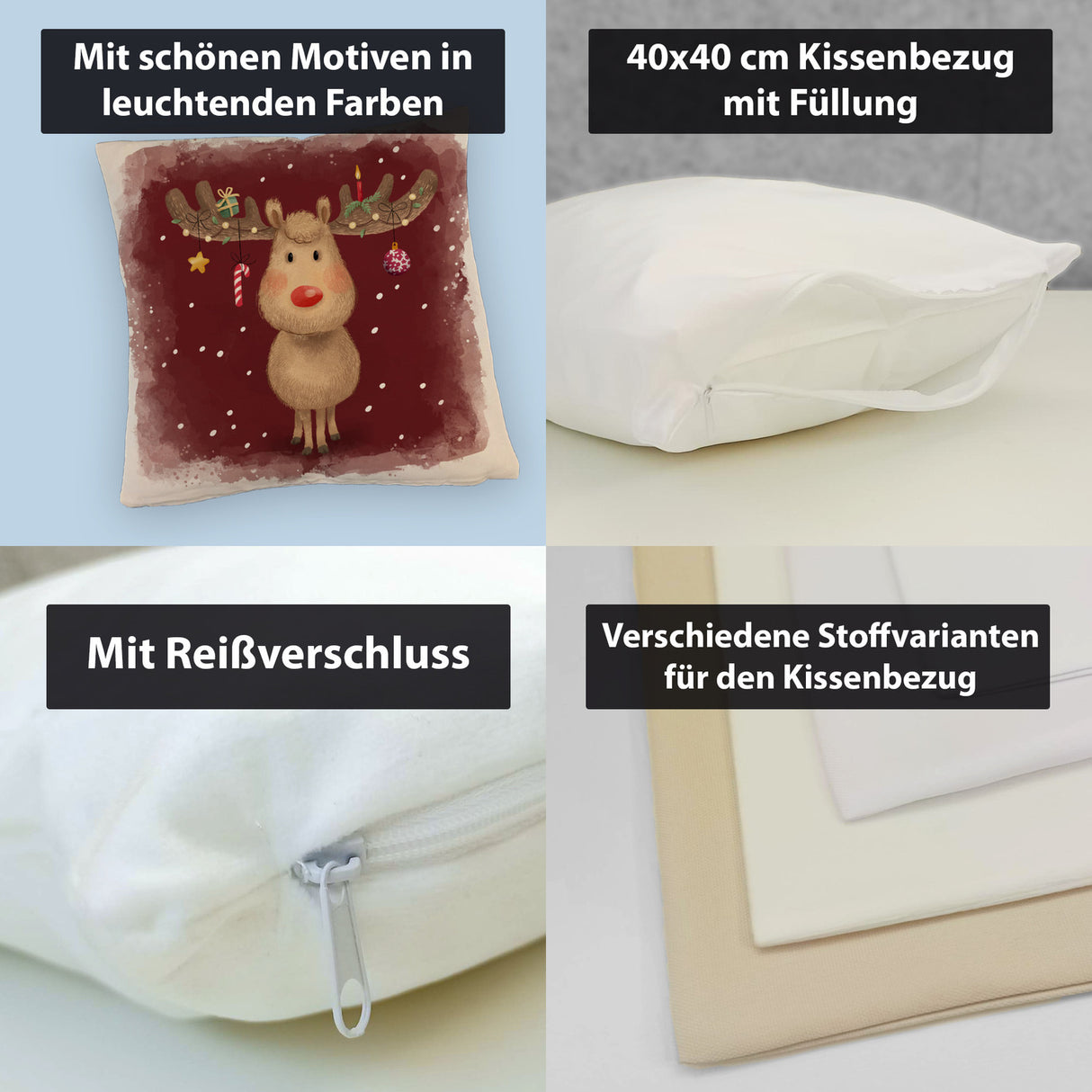 Rentier mit Weihnachtsschmuck Kissen mit rotem Hintergrund