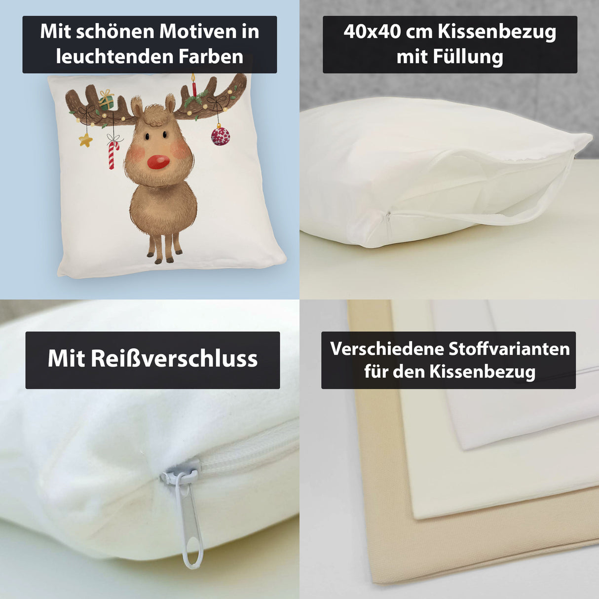 Rentier mit Weihnachtsschmuck Kissen mit rotem Hintergrund