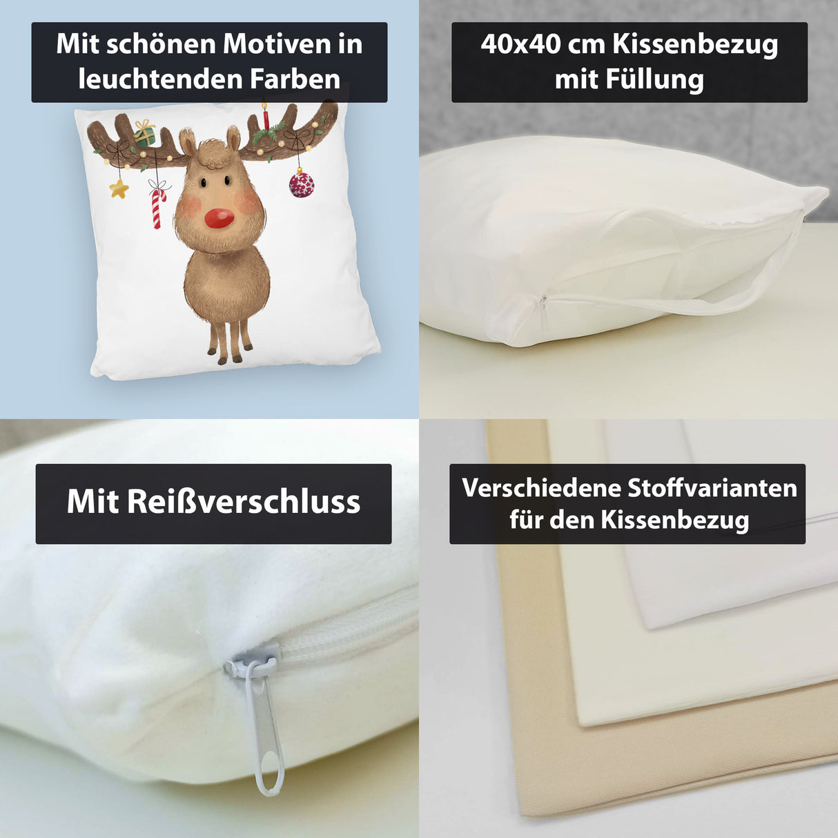 Rentier mit Weihnachtsschmuck Kissen mit rotem Hintergrund