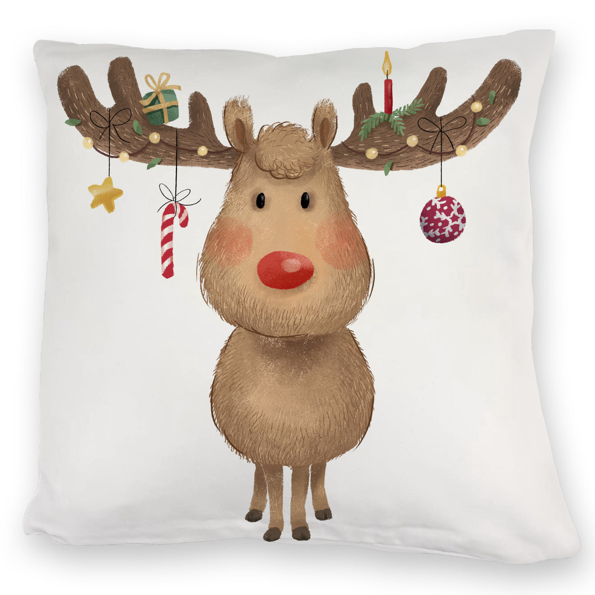 Rentier mit Weihnachtsschmuck Kissen mit rotem Hintergrund