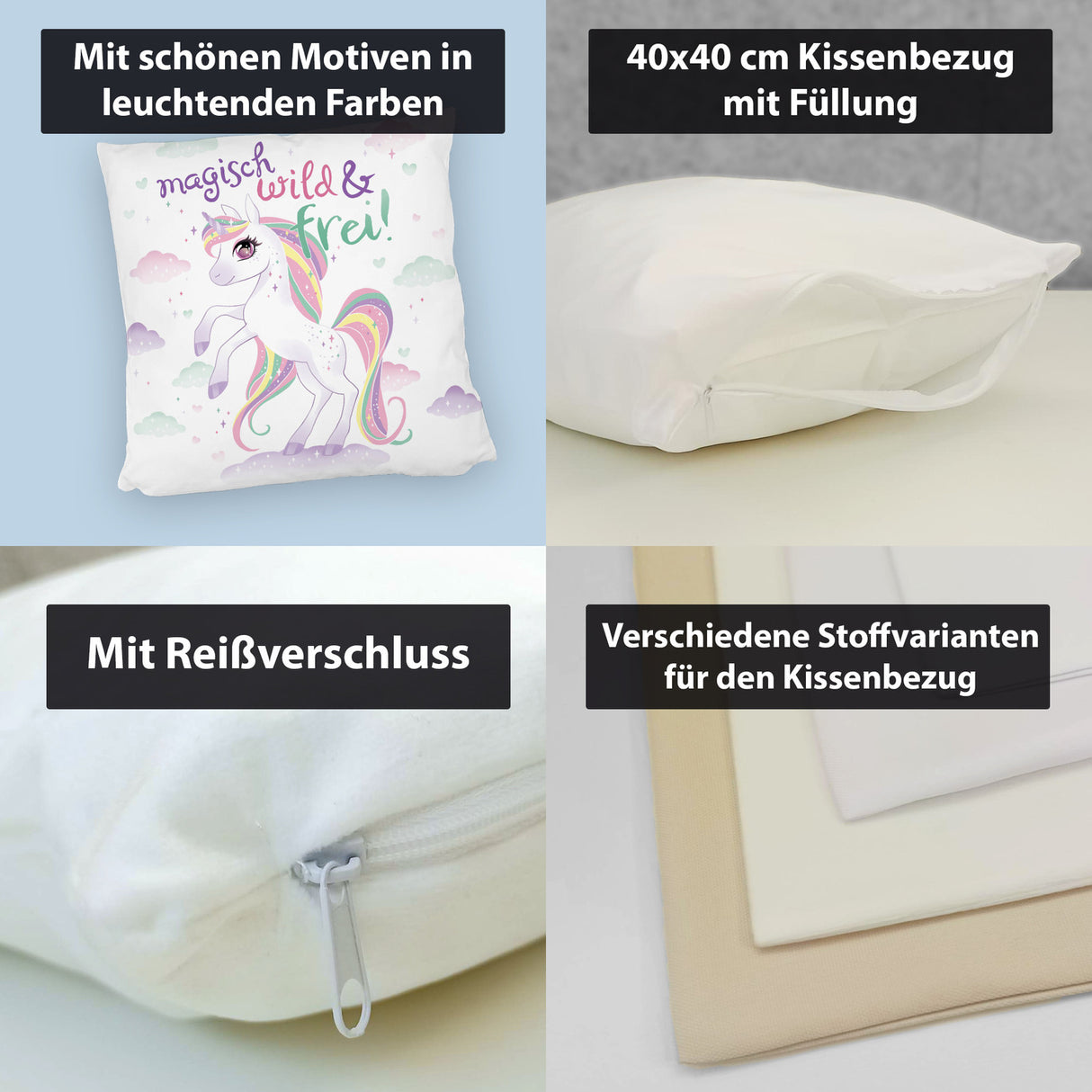 Einhorn Kissen mit Spruch Magisch wild und frei