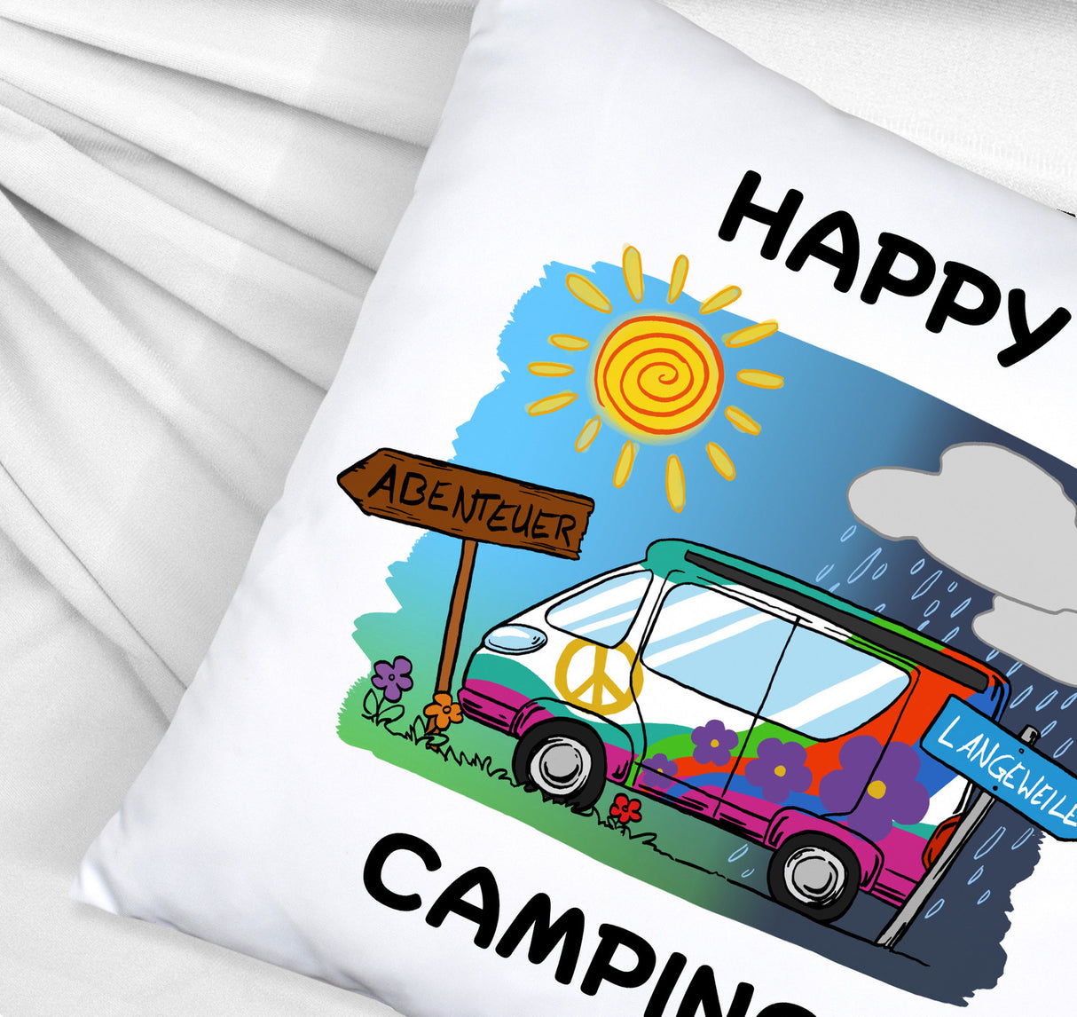 Hippie Wohnmobil Kissen mit Spruch Happy Camping