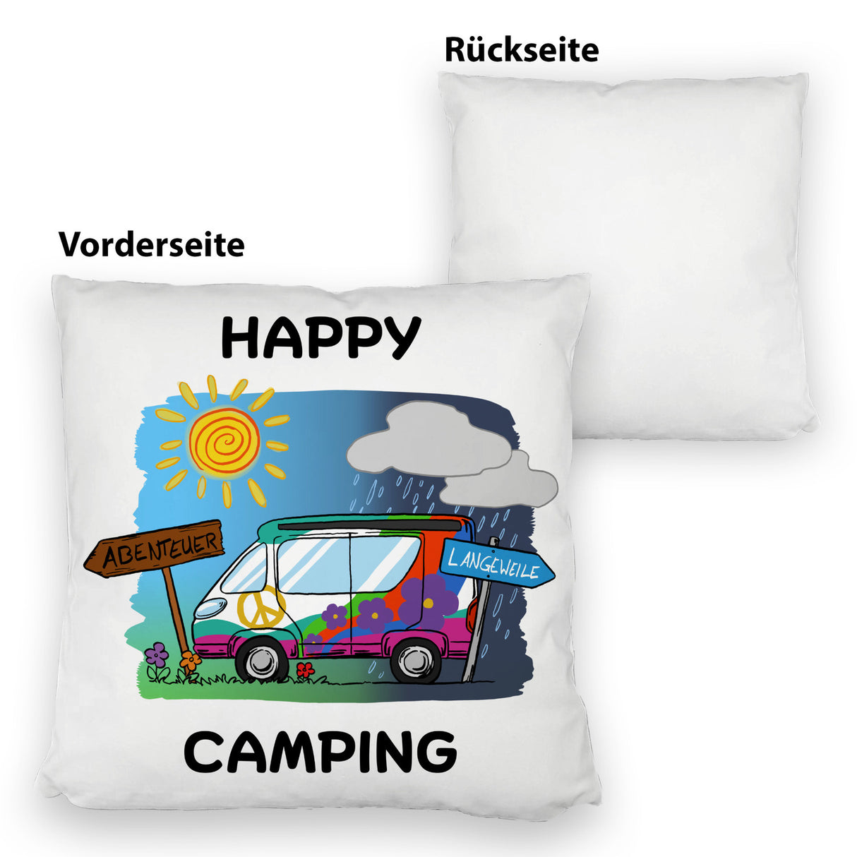Hippie Wohnmobil Kissen mit Spruch Happy Camping