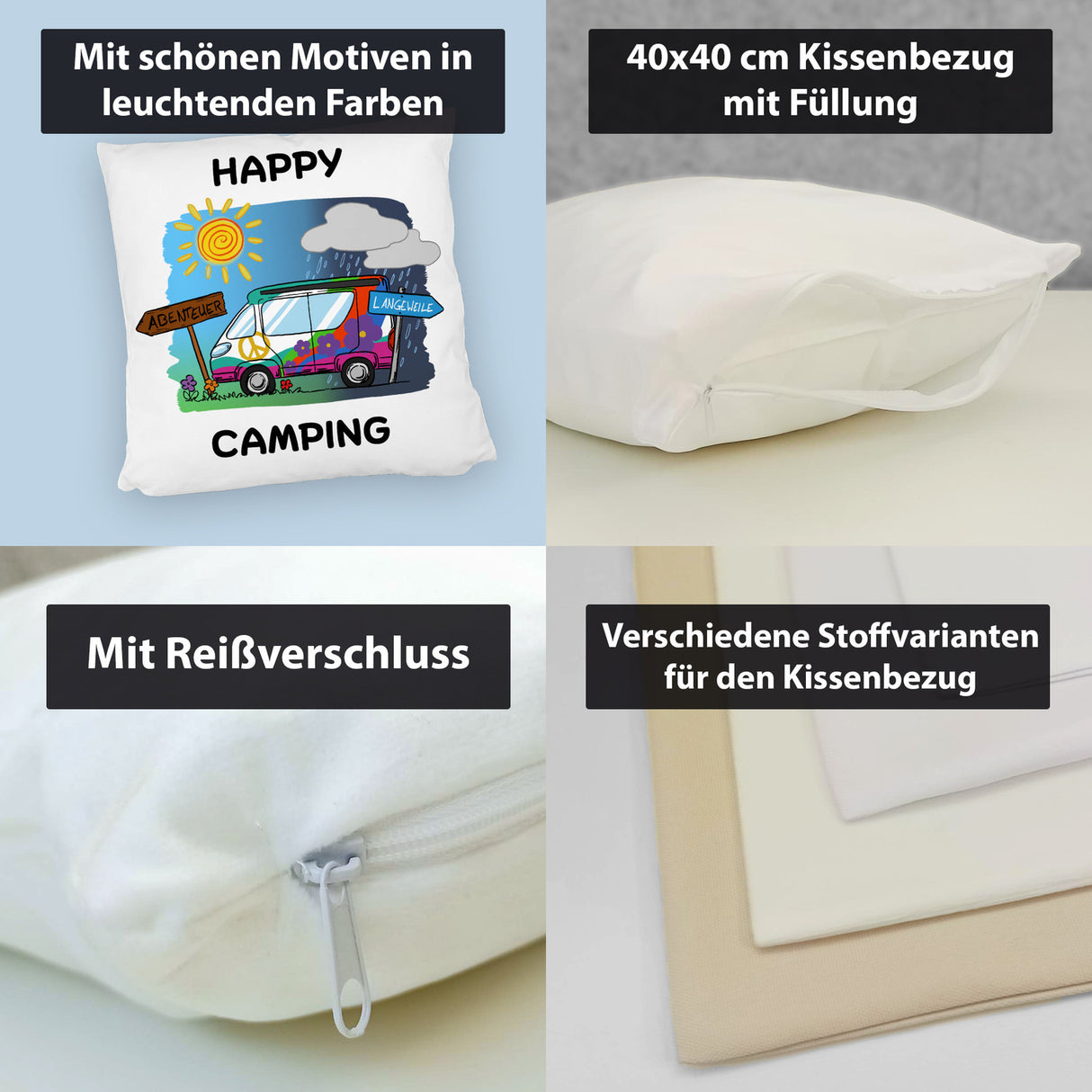Hippie Wohnmobil Kissen mit Spruch Happy Camping