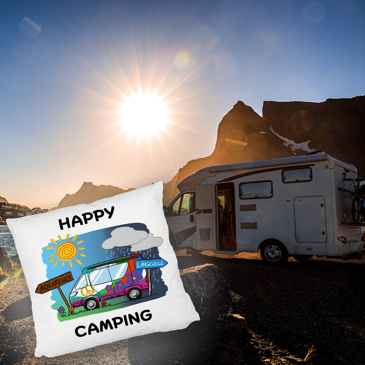 Hippie Wohnmobil Kissen mit Spruch Happy Camping
