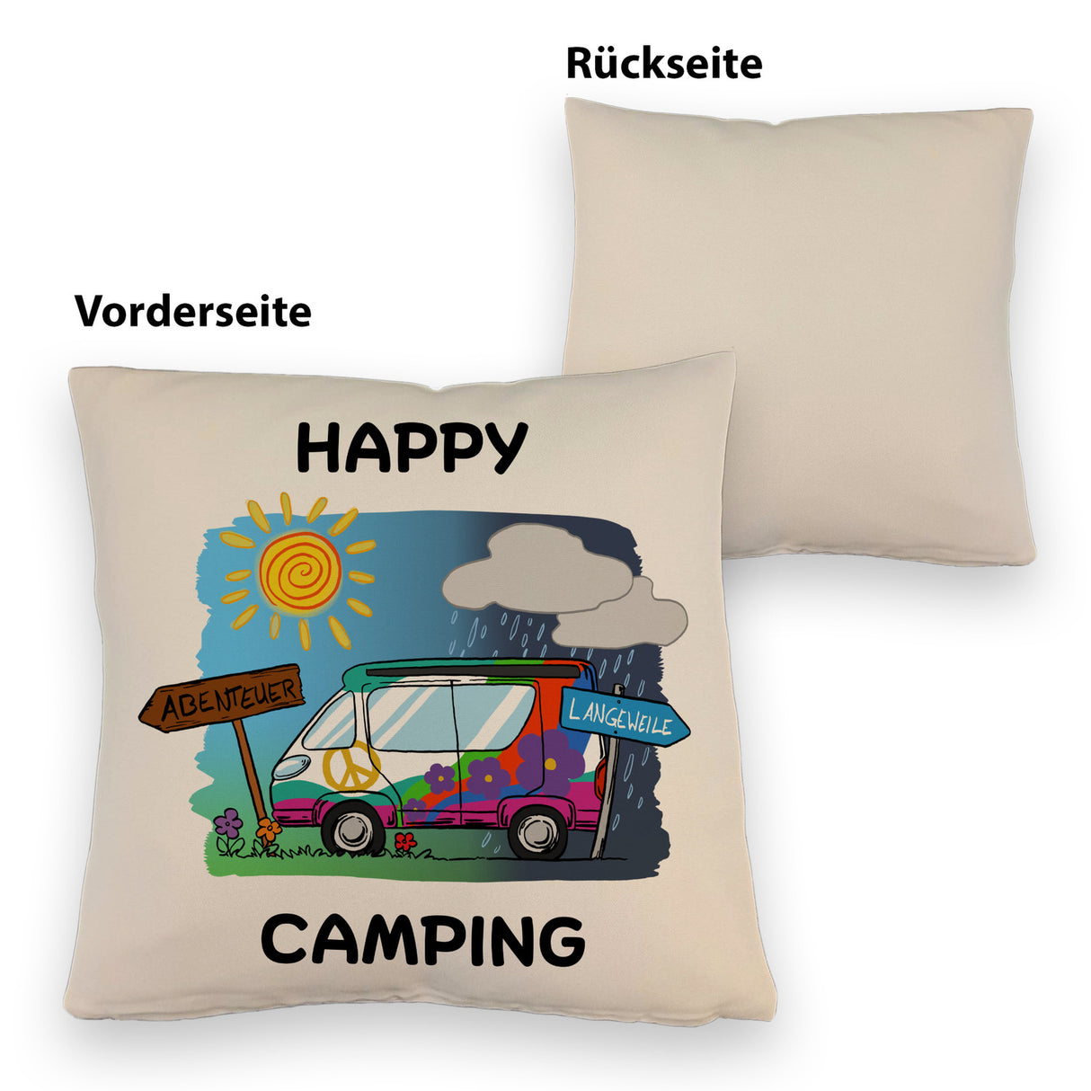 Hippie Wohnmobil Kissen mit Spruch Happy Camping
