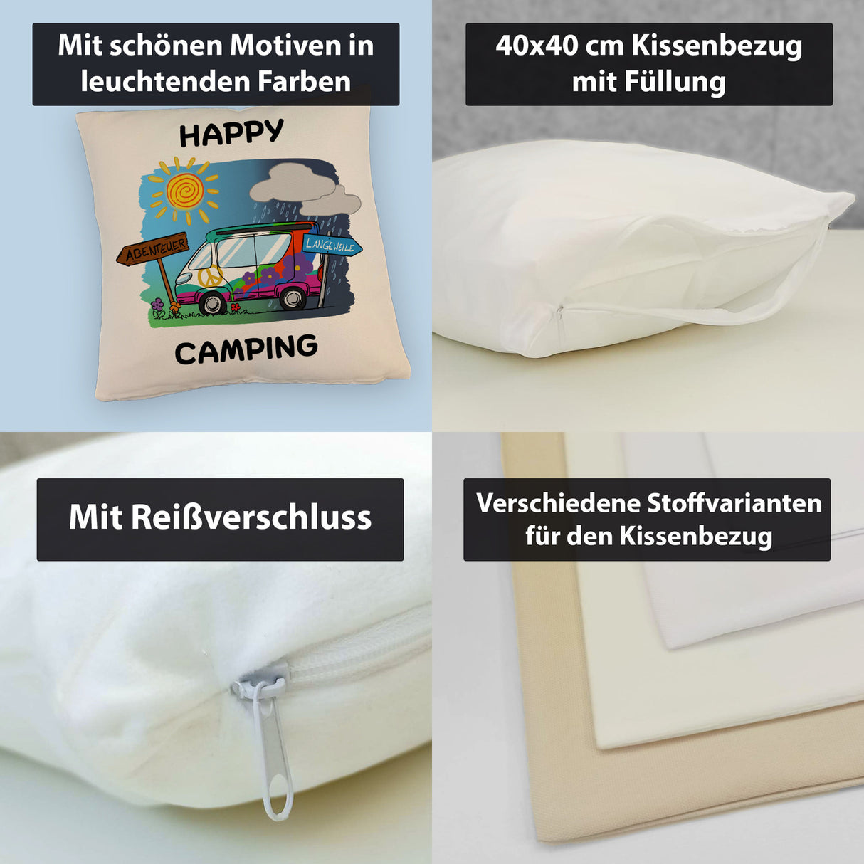 Hippie Wohnmobil Kissen mit Spruch Happy Camping