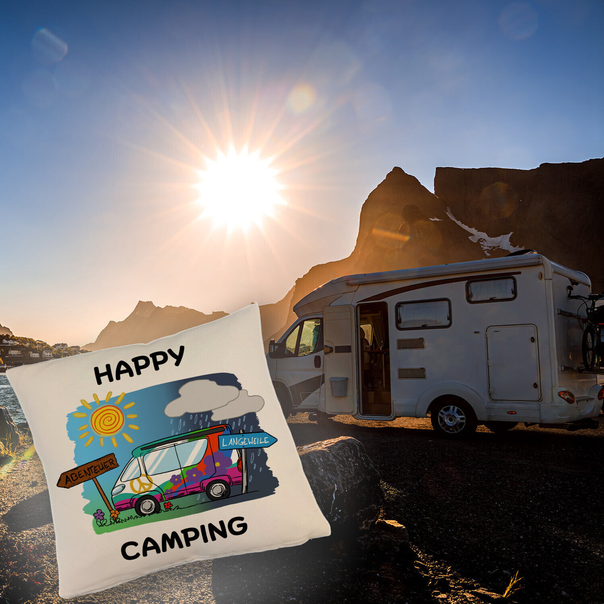 Hippie Wohnmobil Kissen mit Spruch Happy Camping