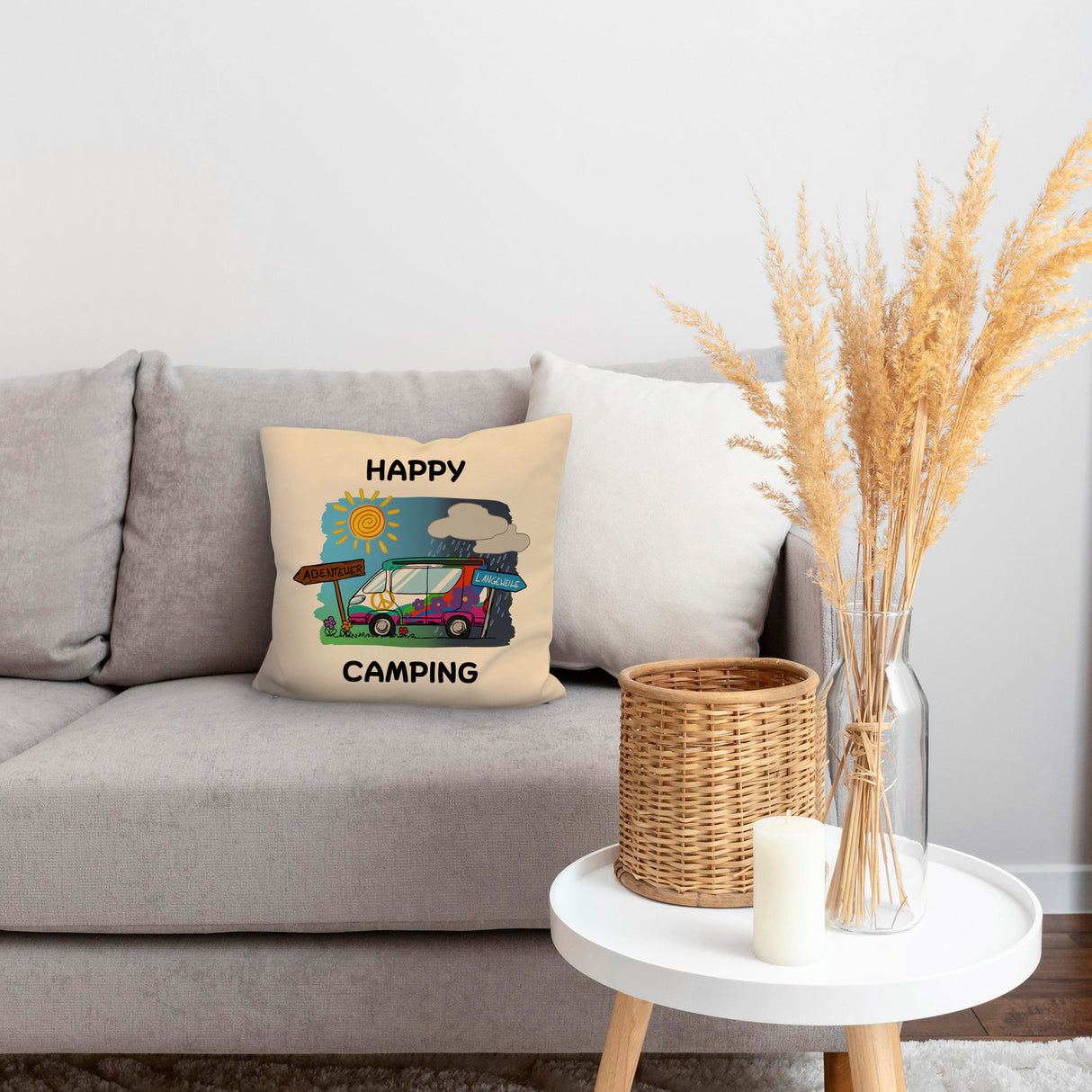Hippie Wohnmobil Kissen mit Spruch Happy Camping