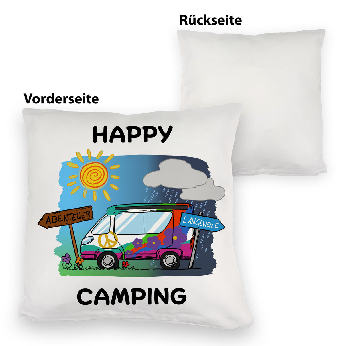 Hippie Wohnmobil Kissen mit Spruch Happy Camping