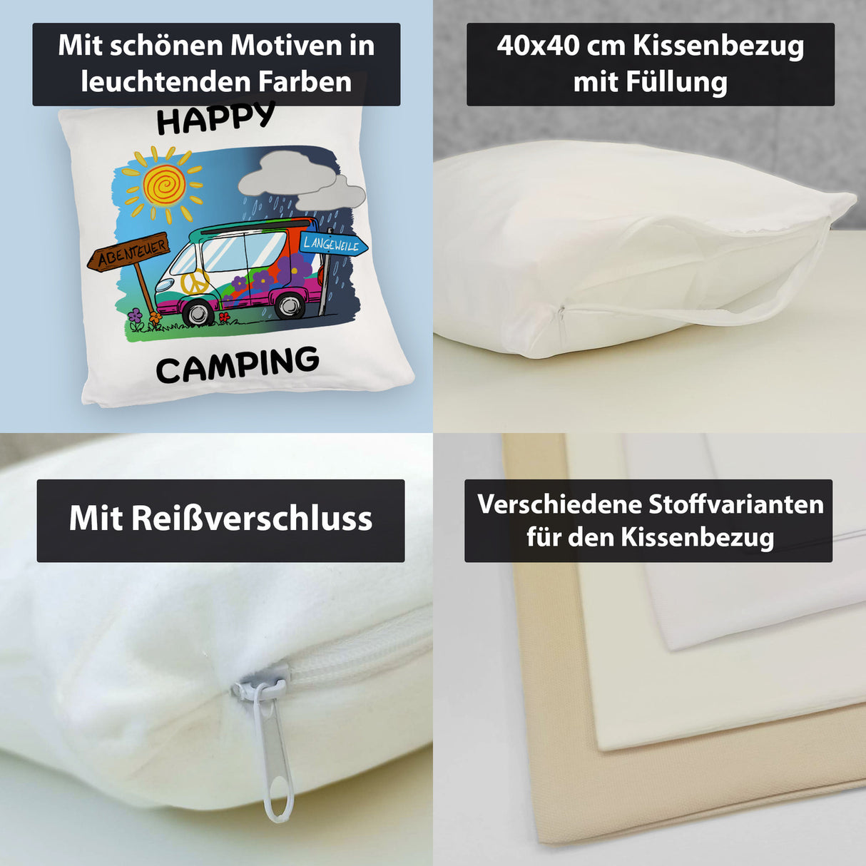 Hippie Wohnmobil Kissen mit Spruch Happy Camping