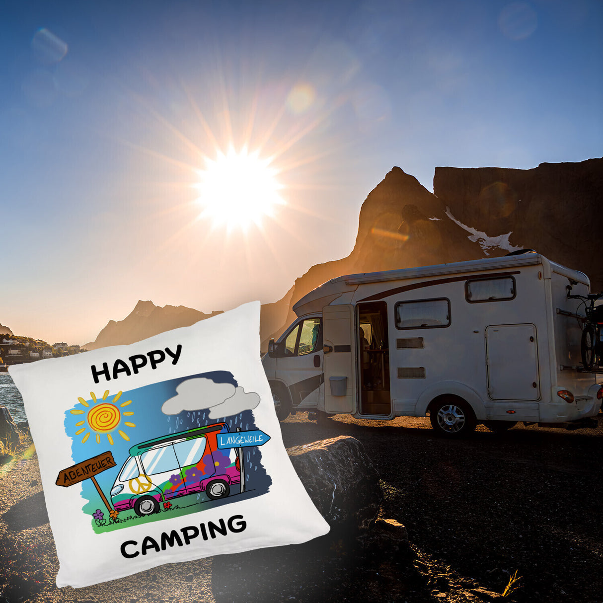 Hippie Wohnmobil Kissen mit Spruch Happy Camping
