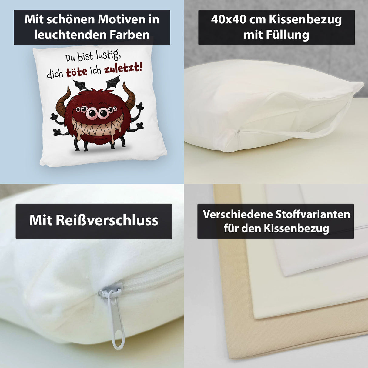 Freches Monster in dunkelrot Kissen mit lustigem Spruch
