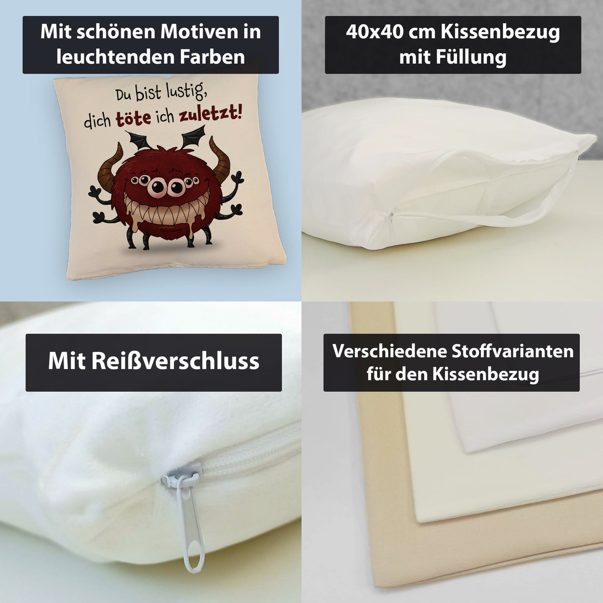 Freches Monster in dunkelrot Kissen mit lustigem Spruch