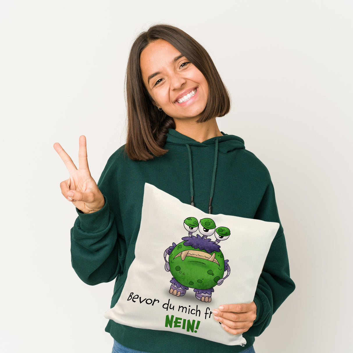 Freches Monster in dunkelrot Kissen mit lustigem Spruch