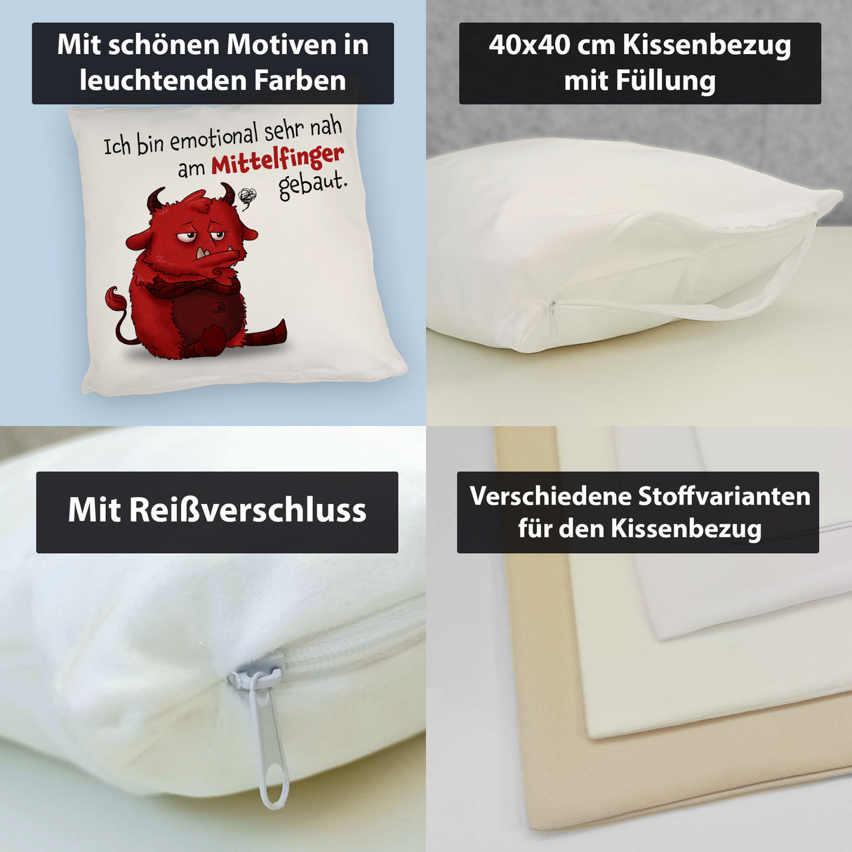 Freches Monster in dunkelrot Kissen mit lustigem Spruch