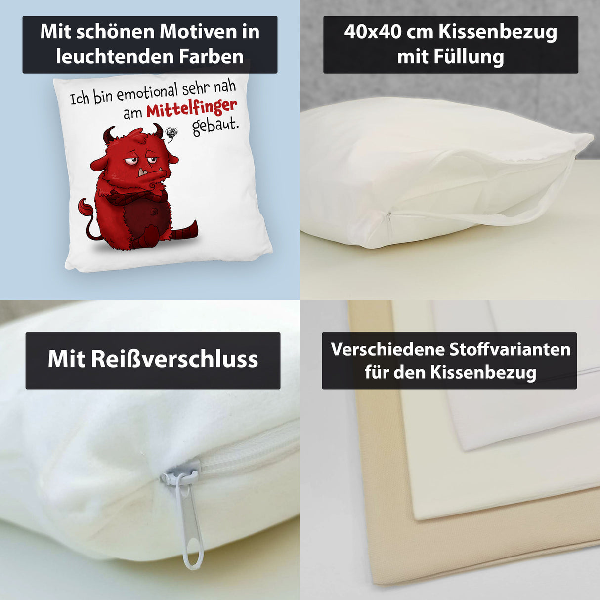 Freches Monster in dunkelrot Kissen mit lustigem Spruch
