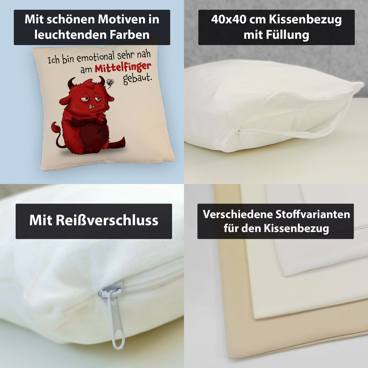Freches Monster in dunkelrot Kissen mit lustigem Spruch