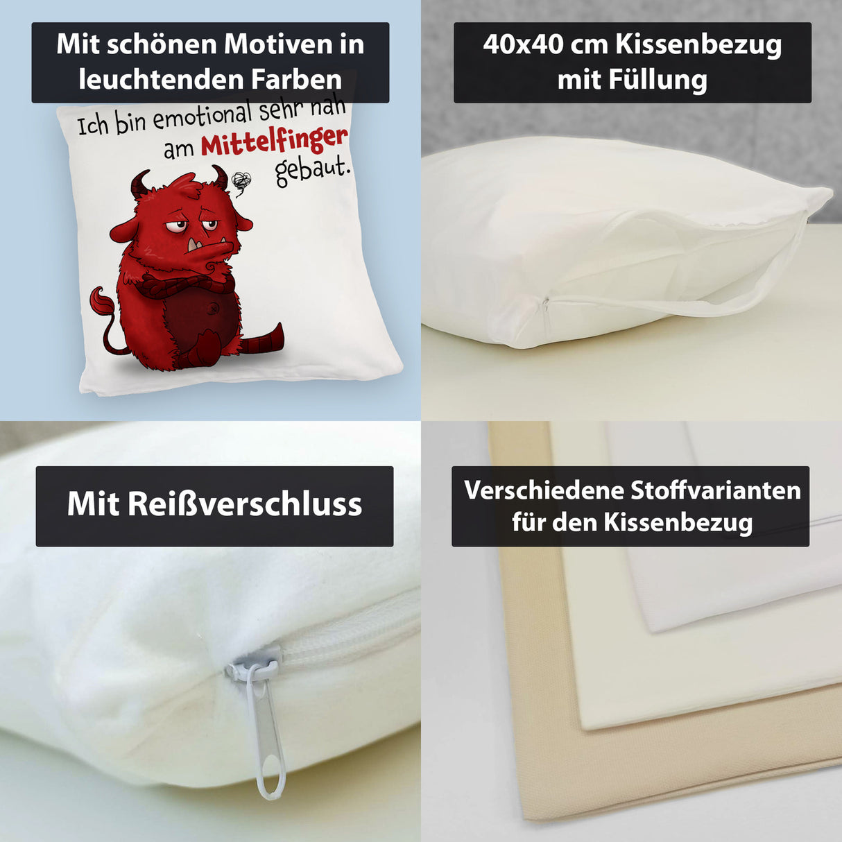 Freches Monster in dunkelrot Kissen mit lustigem Spruch