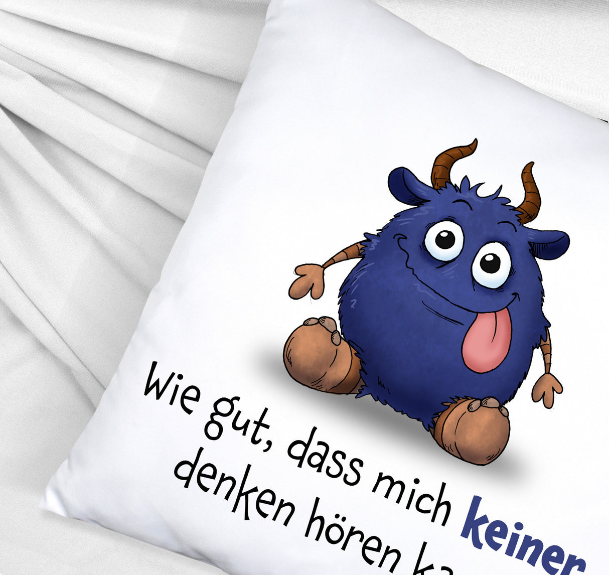 Freches Monster in dunkelblau Kissen mit lustigem Spruch