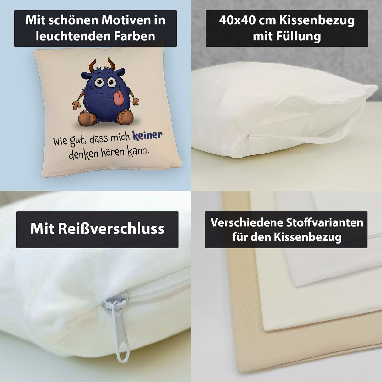 Freches Monster in dunkelblau Kissen mit lustigem Spruch