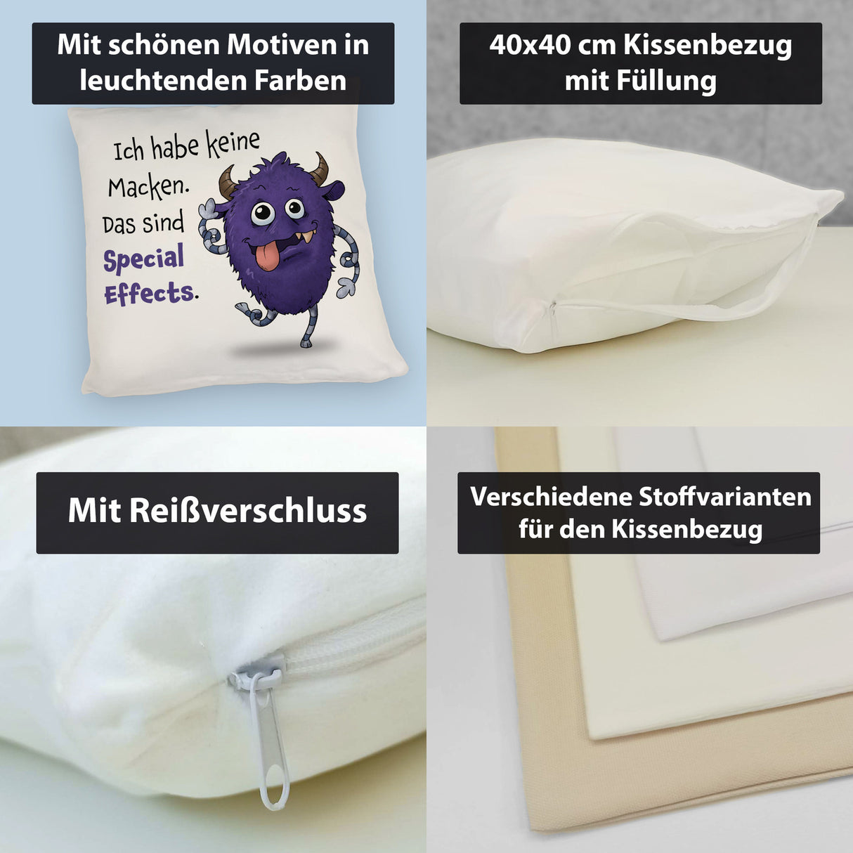 Freches Monster in dunkelblau Kissen mit lustigem Spruch