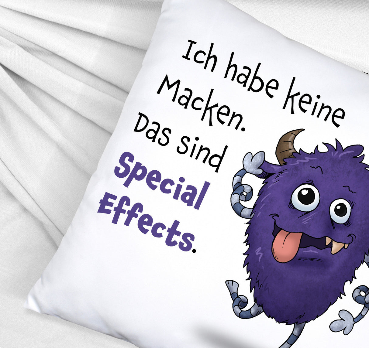 Freches Monster in dunkelblau Kissen mit lustigem Spruch