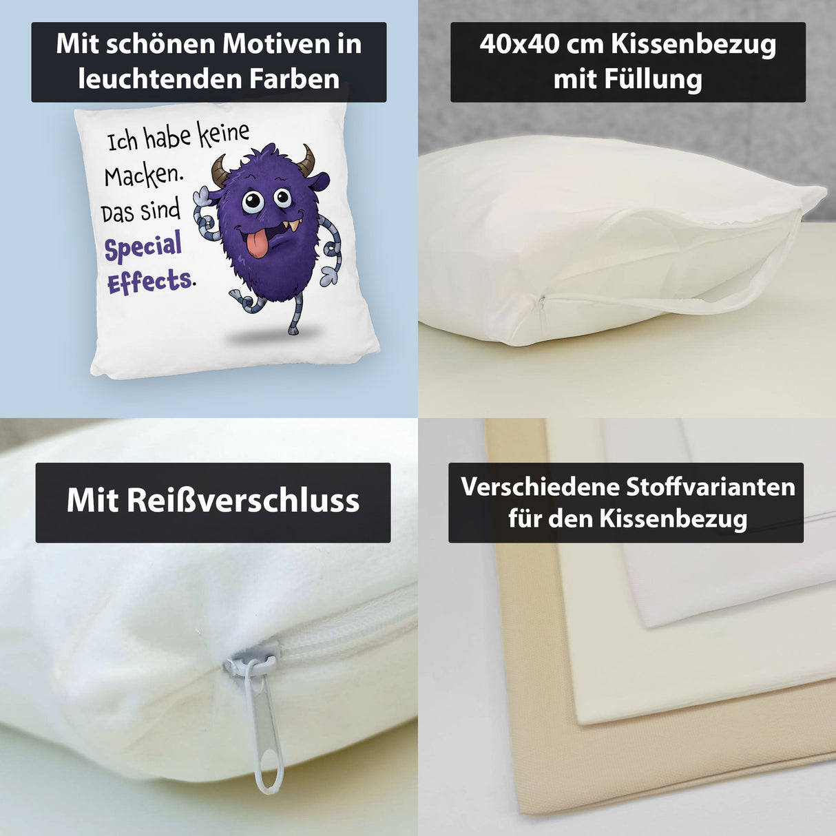 Freches Monster in dunkelblau Kissen mit lustigem Spruch